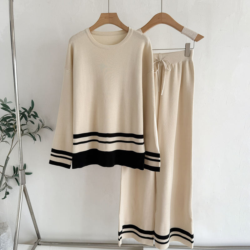 European and American Amazon Cross-Border Foreign Trade Women's New Fashion Casual Lazy Style Knitted Contrasting Color Comfortable Two-Piece Suit