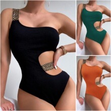 跨境连体泳衣新款纯色单肩亚马逊性感比基尼温泉度假竞速泳衣女