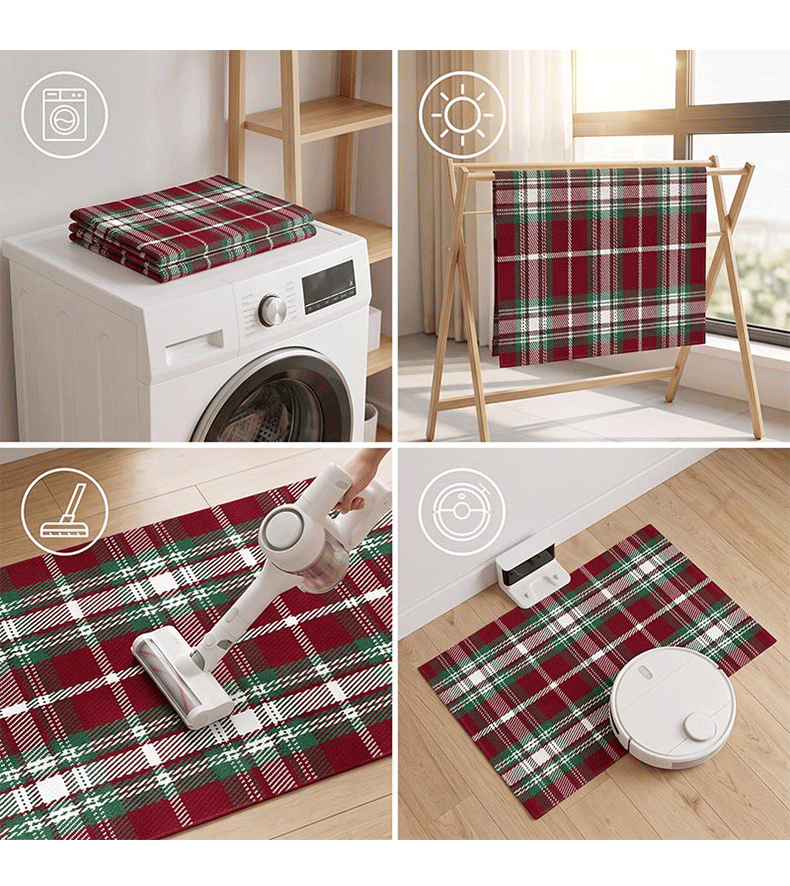 New imitation coconut palm floor mat with Christmas plaid cotton thread set, entrance door mat, hallway decorative carpet, non-slip and wear-resistant