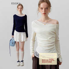 EGGKA一字肩拼接蕾丝白色T恤女上衣韩系气质温柔假两件长袖打底衫