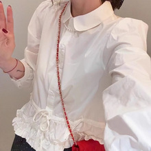 娃娃领下摆拼接花边系带白色衬衫女春季新款衬衣女款上衣