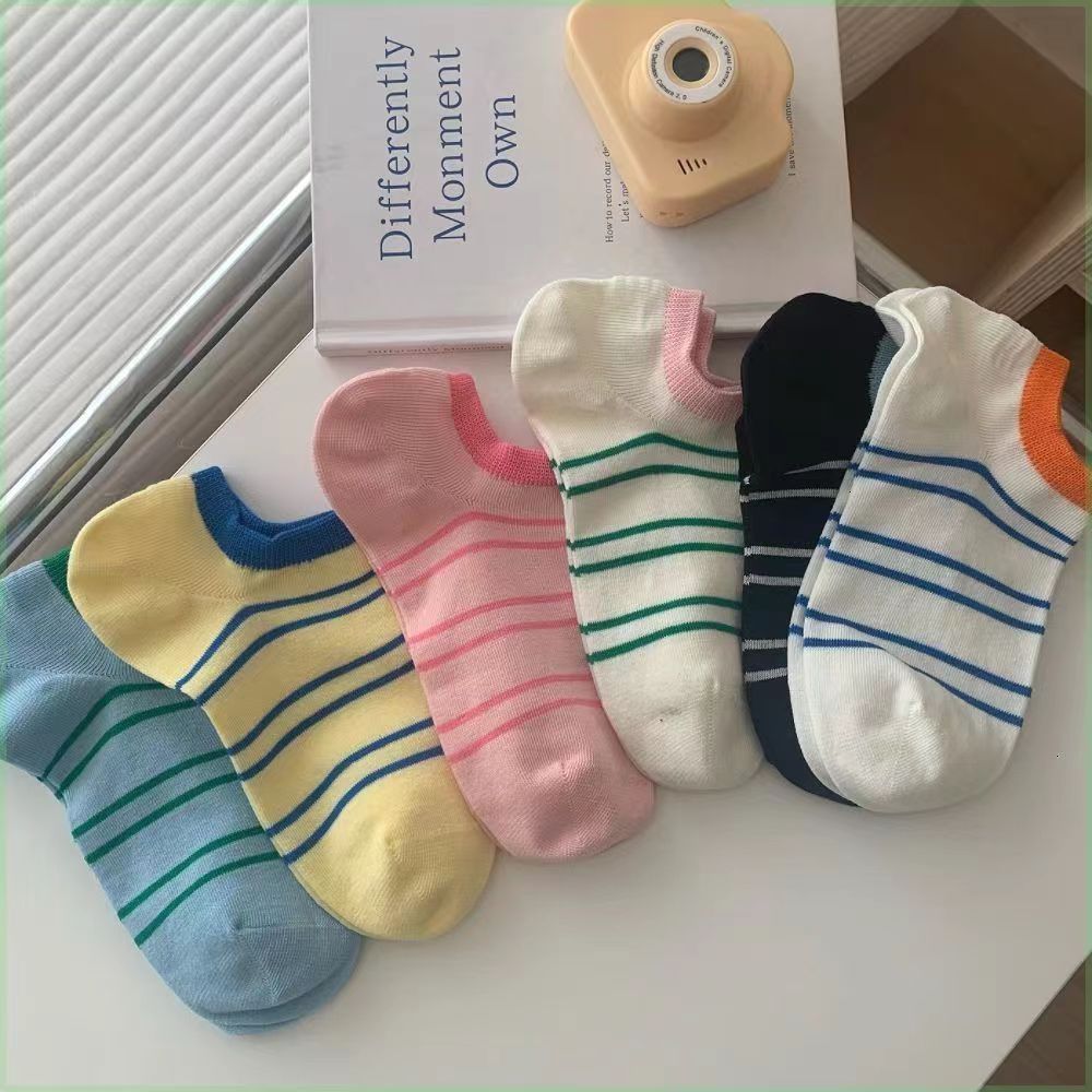 [Dopamine] INS striped shallow-mouth women's socks summer Korean-style color striped color matching socks breathable boat socks