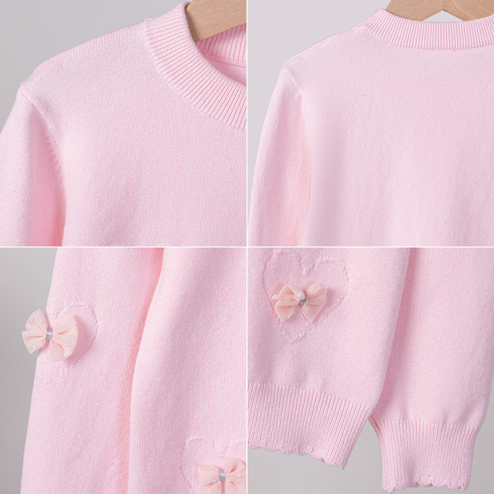 2024 nuevo estilo coreano de otoño y invierno cuello redondo amor arco niñas camisa de punto fondo suéter de niños pequeños al por mayor