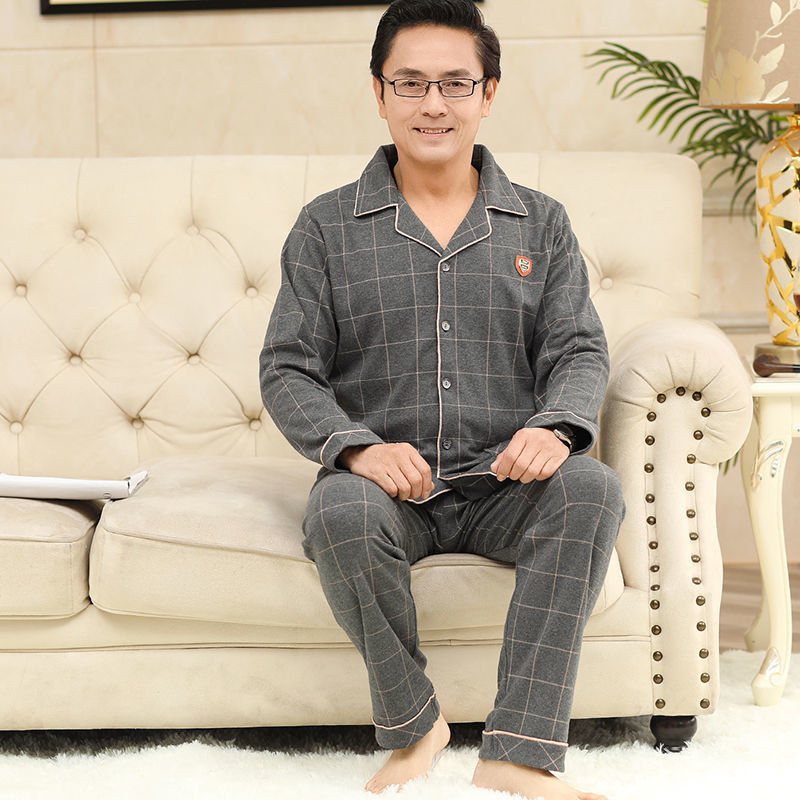 Pijamas de mediana edad y ancianos para hombres de primavera y verano 100% algodón de manga larga más tamaño cardigan Delgado traje de homewear