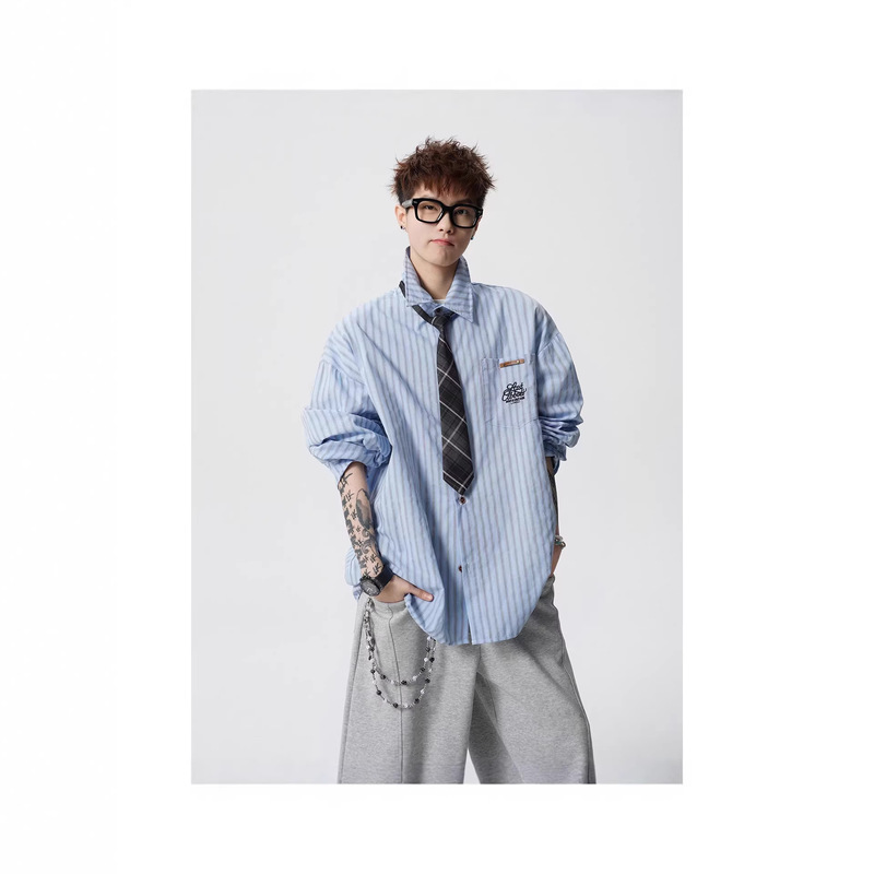 Japanese Retro Striped Tie Long-Sleeve Shirt for Men Versatile College Style Couple Shirt New Large Size Men's Shirt