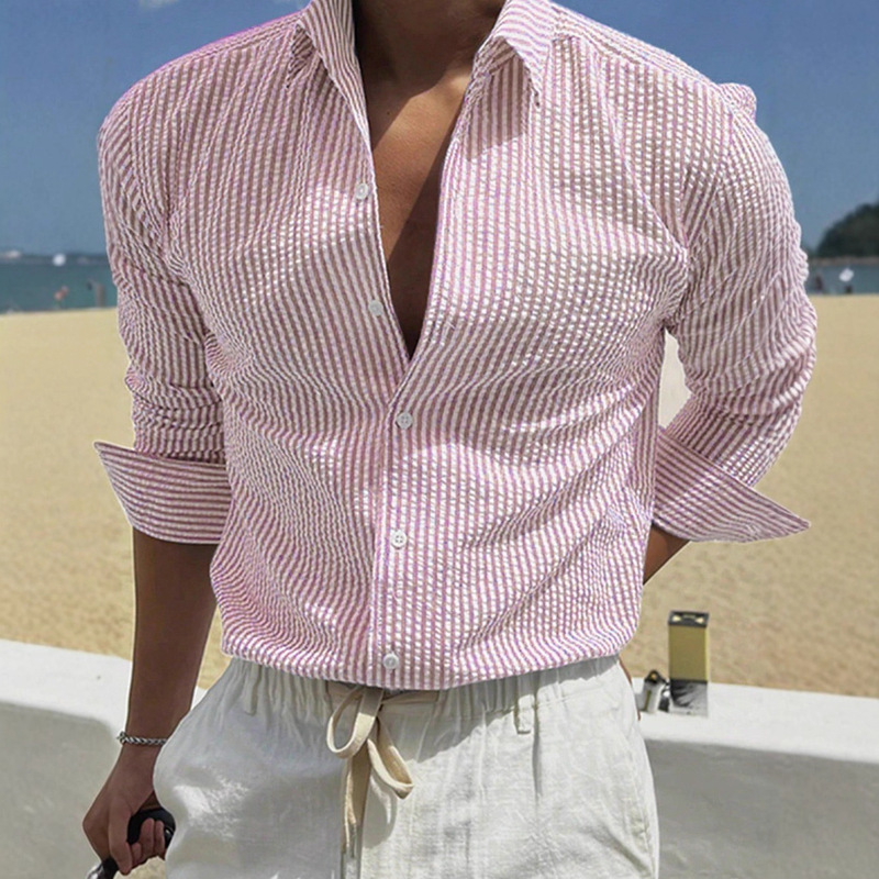 Foreign Trade European and American Cross-Border 2026 Amazon Aliexpress Men's Fashion Casual Striped Turn-Down Collar Long-Sleeve Cardigan Shirt