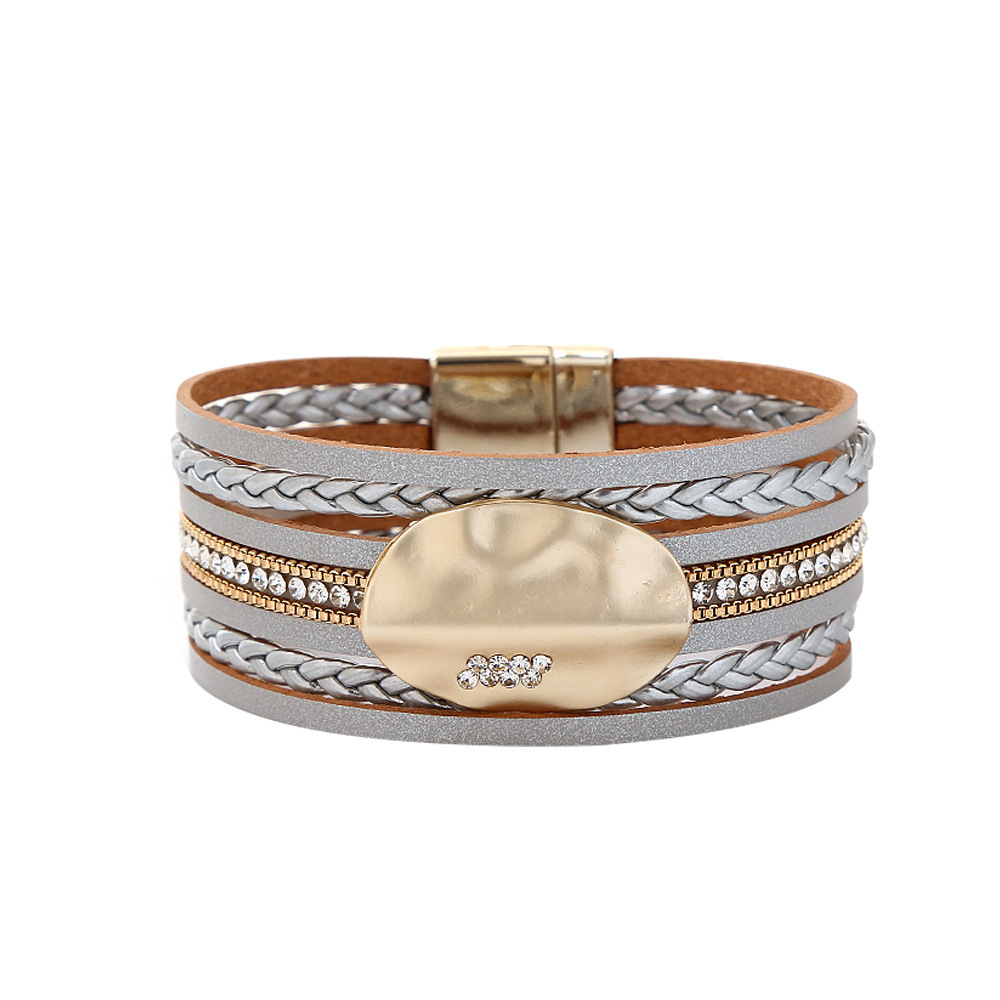 Pulsera de cuero tejido de cuero de cristal europeo y americano para mujer, pluma bohemia retro, turquesa, piedra triturada, pulsera de botón de imán