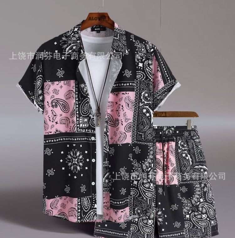 2026 viaje transfronterizo de vacaciones de viento camisa set hombre verano suelto transpirable dos piezas set mar ocio versátil