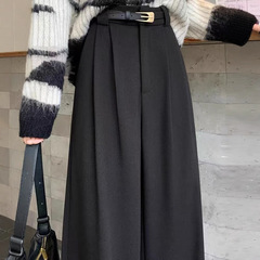 秋冬の女性用黒のウールスーツパンツ、ハイエンド、ドレープ、ハイウエスト、スリム、ストレート、ナローワイドレッグパンツ