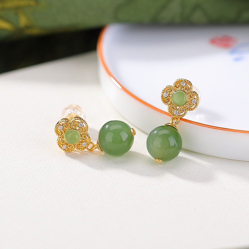 Bông tai bạc S925 mạ vàng đính ngọc bích phong cách Trung Hoa cổ điển — Thanh Thủy Ngọc