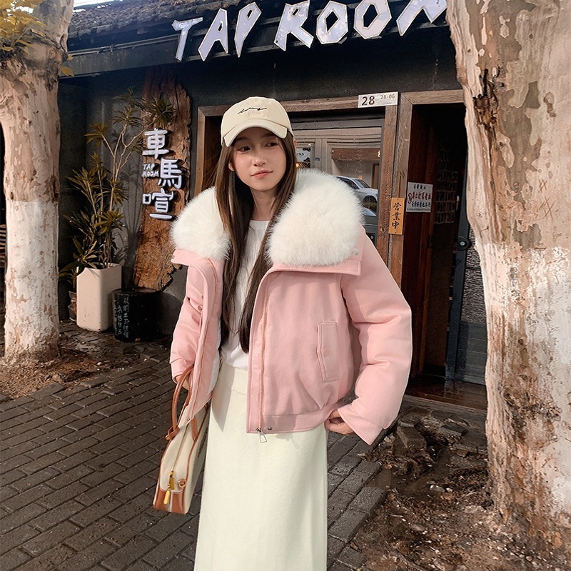 新款鹿皮绒大毛领棉外套女短款气质宽松小个子pu棉服冬季羽绒棉衣|undefined