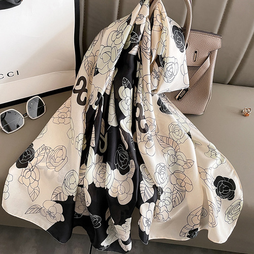 Xiaoxiangfeng Camellia fashion silk scarf women's dual-use temperament scarf autumn and winter warm gauze scarf temperament large shawl to keep out the cold