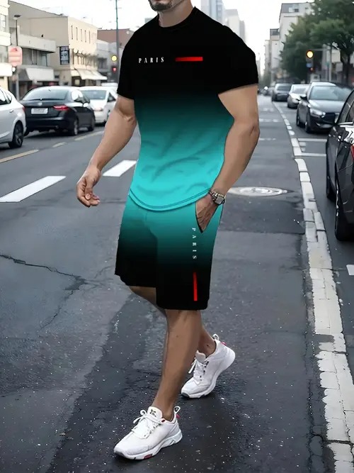 Cross-border 2025 nuevo estilo Amazon europeo y americano degradado de color manga corta cuello redondo camiseta pantalones cortos traje ME5 MA04