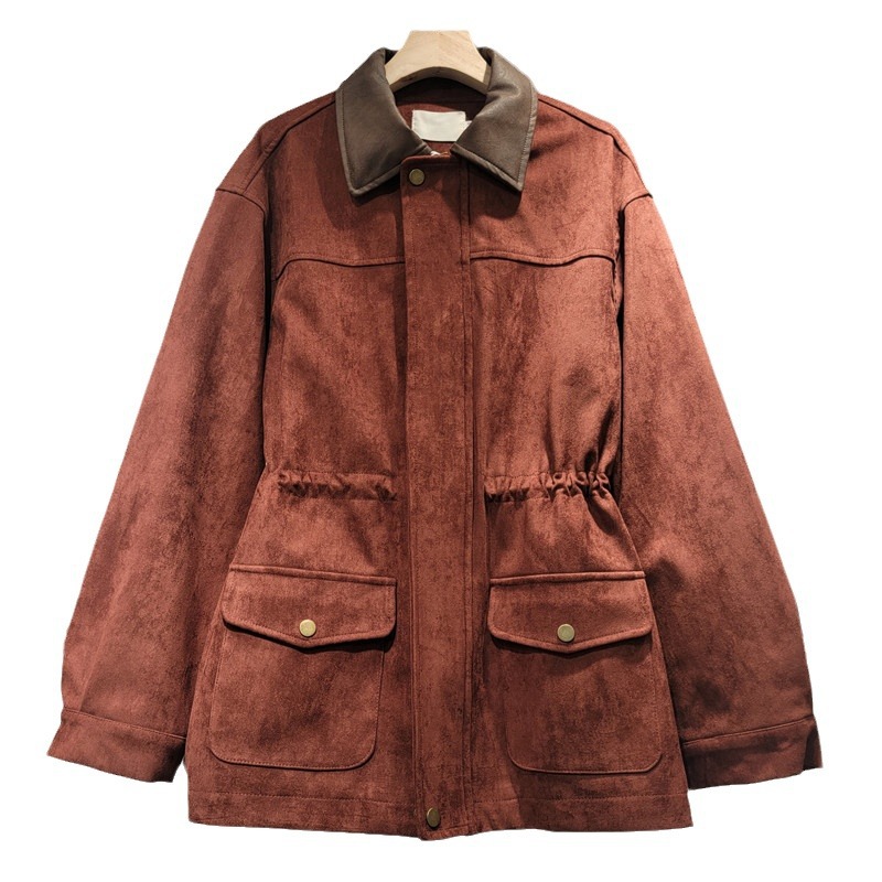 Retro PU Suede Zip-Up Trench Coat For Women – Oversized Streetwear Jacket With Stand Collar In Wine/Brown/Taupe, Fall Layering Essential_voghion.com