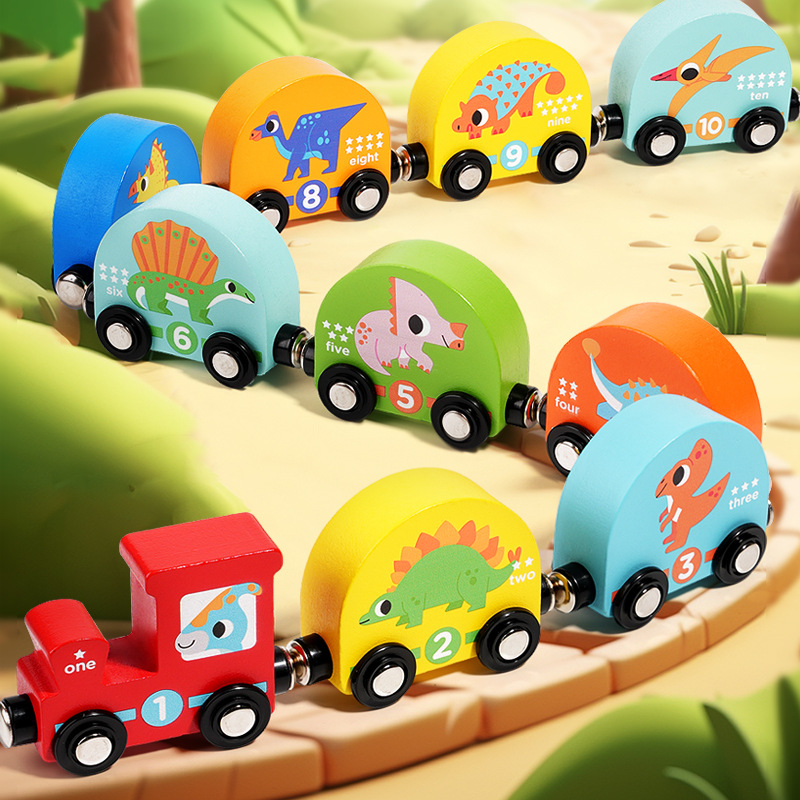 CPC Amazon madera dinosaurio magnético pequeño tren vagón apilado bloques de construcción altos juguetes educativos cognitivos para niños