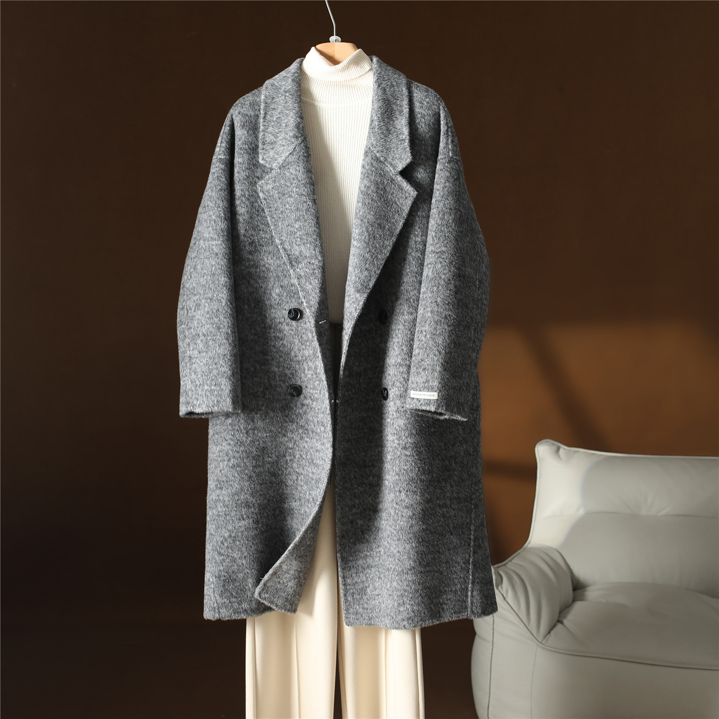 2025 New Autumn and Winter New Large Double-Sided Cashmere Outwear Loose Cocoon-Shaped Dark Gray Gray Long Woolen Outwear