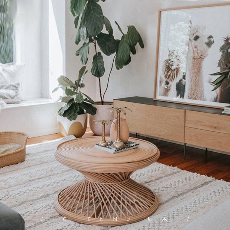Ins verdadera mesa de té redonda de caña retro del sudeste asiático pequeña mesa redonda de estilo natural simple alojamiento de caña real redonda de caña varias casas pequeñas