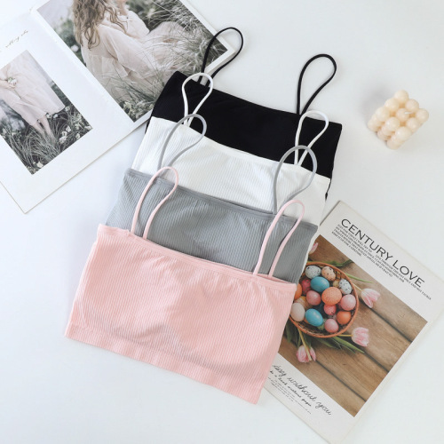 抹胸无缝内衣女细肩带螺纹一字围裹胸防走光打底吊带美背跨境批发