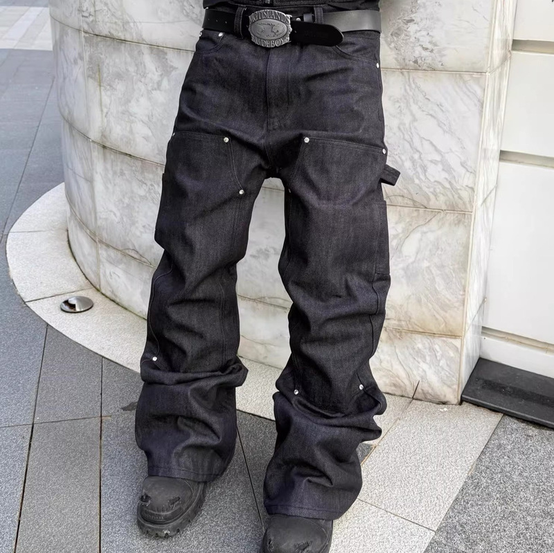 Heavy-Duty Raw Denim Lumberjack Pants with Rhinestone Patchwork A-Line Jeans, Unisex American-Style Heavy-Duty Design, Slightly Flared Wide-Leg Heavy-Duty Raw Denim Lumberjack Pants with Rhinestone Patchwork A-Line Jeans, Unisex American-Style Heavy-Duty Design, Slightly Flared Wide-Leg