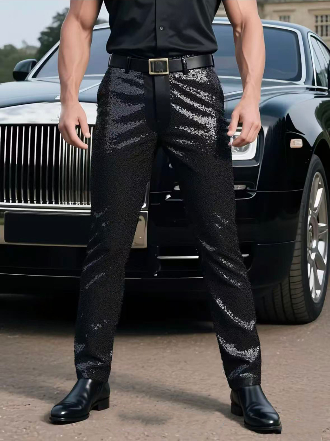 Slim Fit Sequin Suit Trousers For Men Sparkling Party Pants_voghion.com