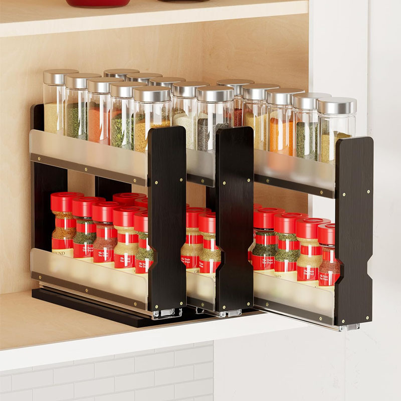 Bamboo slide-out spice jar double-layer spice rack kitchen storage rack pull-out spice storage rack