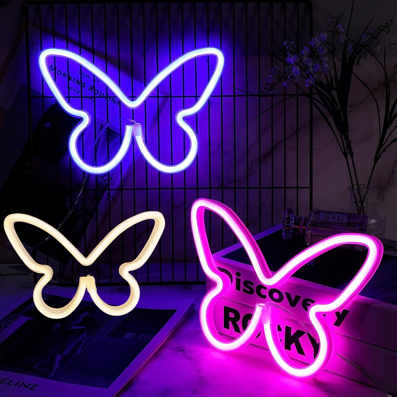 Neón LED luz de modelado mariposa Amazon en stock entrega de una sola pieza dormitorio decoración de la pared regalo de cumpleaños