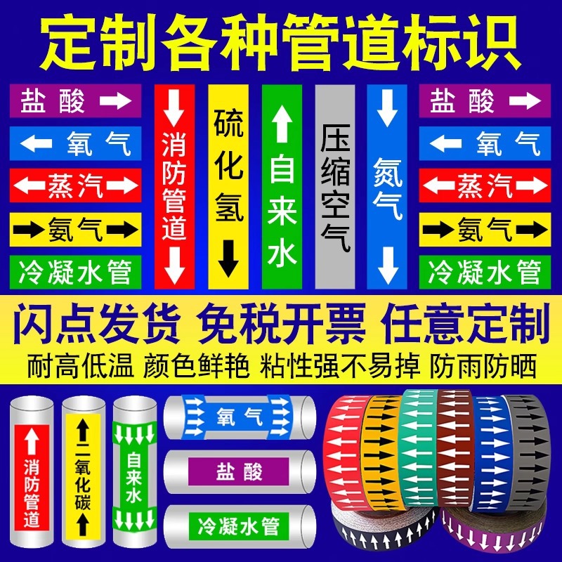 工业管道标识贴纸国标管道流向标识贴箭头标签反光膜色环管道标识