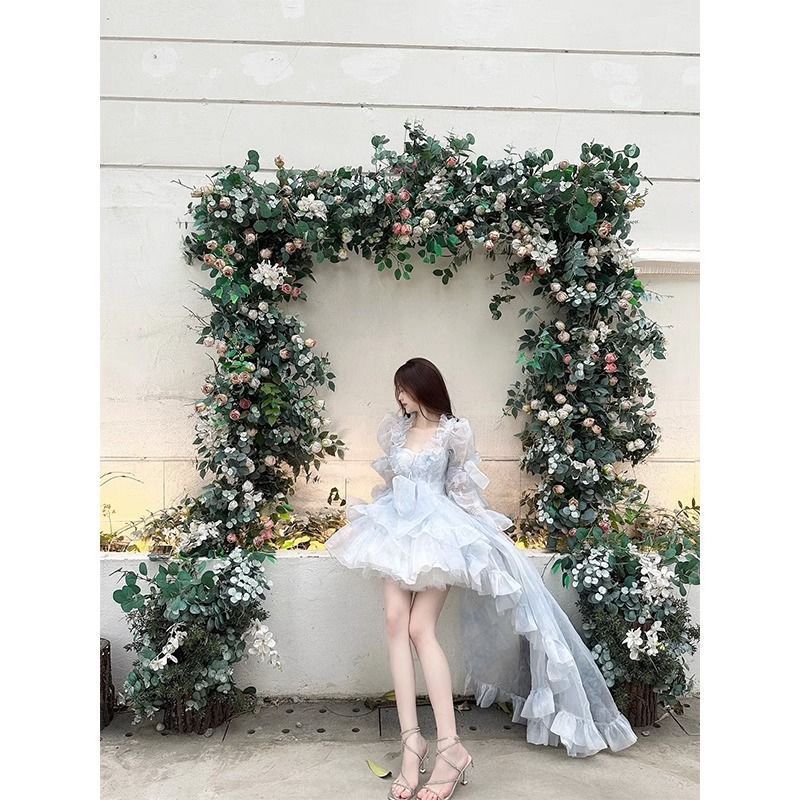法式花嫁礼服蓝色lolita抹胸拖尾连衣裙洋装洛丽塔公主蓬蓬显瘦|undefined