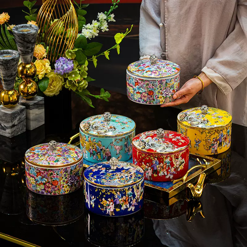 景德镇高档宫廷风陶瓷罐子家用不易受潮糖果盒带盖密封大罐储物罐