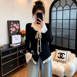 大假两件撞色翻领长袖t恤女早春胖mm显瘦规则摆系带衣
