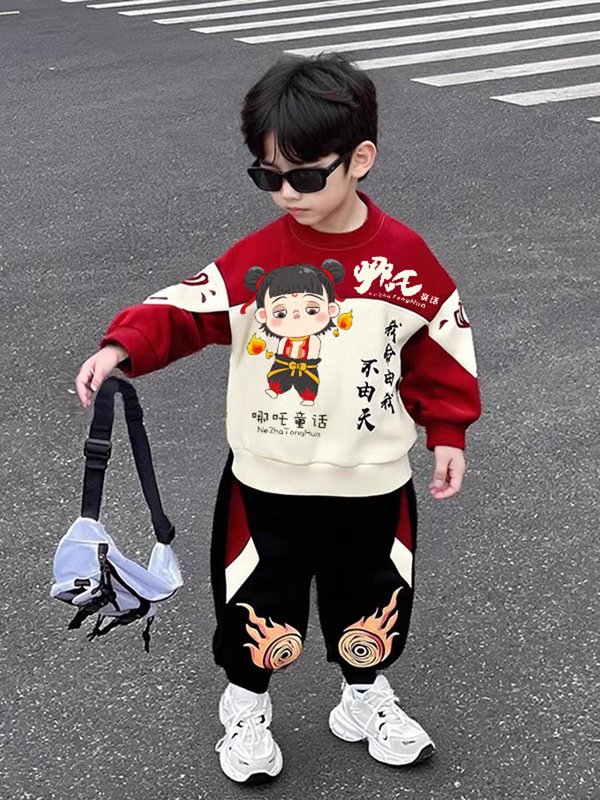 新款2025年春秋哪吒时尚女童男童中小童网红卡通动漫新品休闲套装|undefined