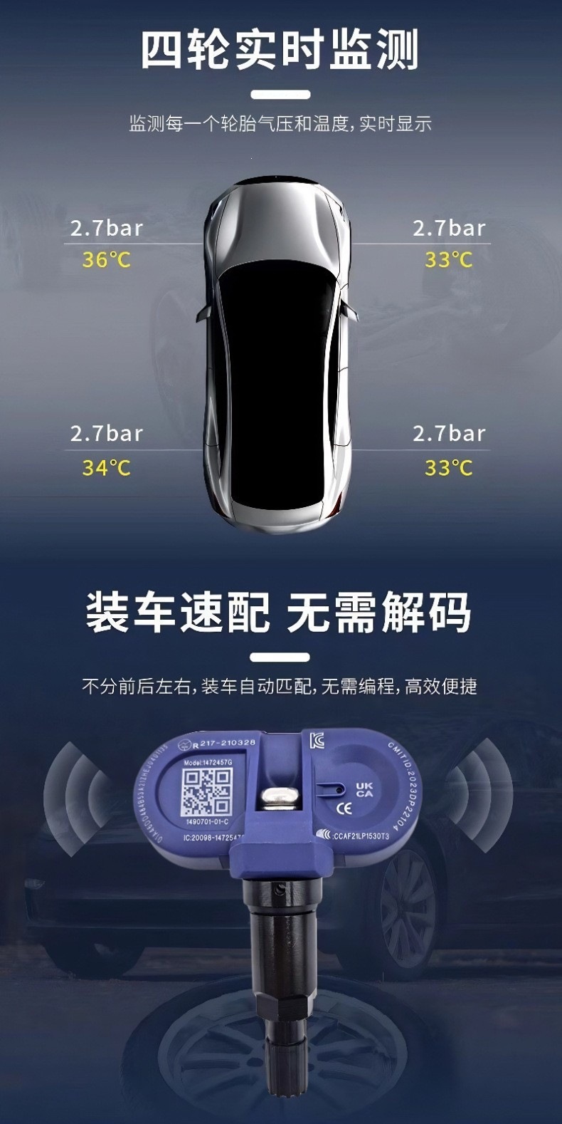 Suitable for Tesla Model 3/Y/X/S, built-in tire pressure sensor, original monitoring system for real-time four-wheel reporting