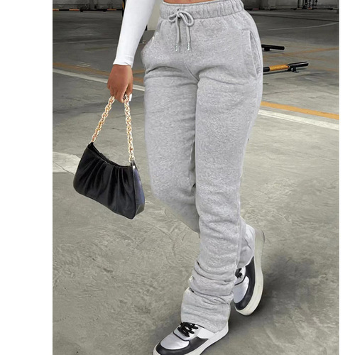 Women's European and American Fashion Sweatshirt Fabric Sports Casual Drawstring Pile Pants with Pockets