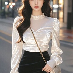 丝绒长袖衬衫女2025新款秋季内搭打底衫高级感法式独特别致小上衣