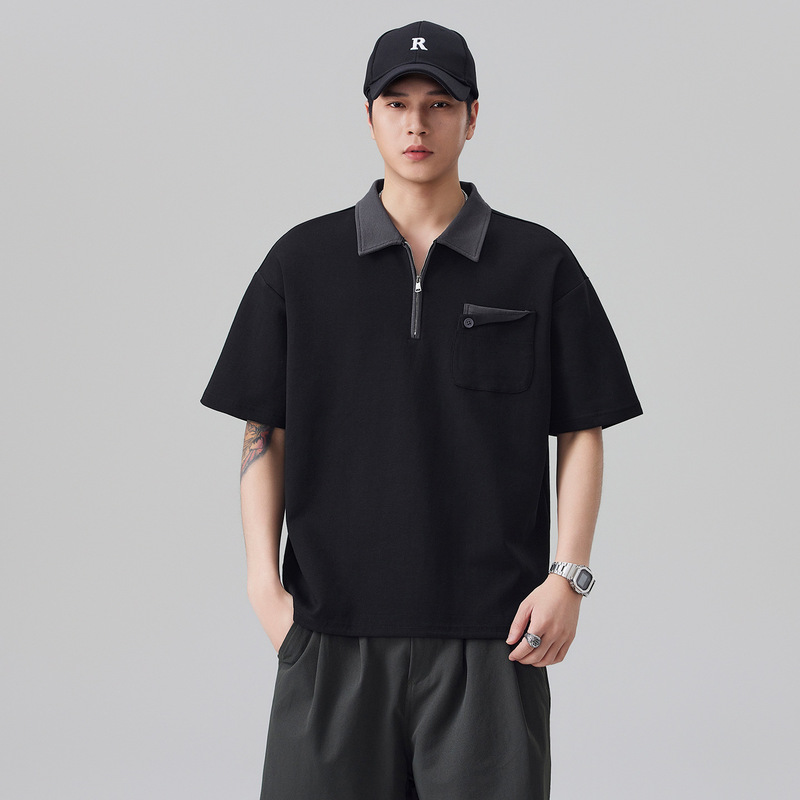 Anyang American-Style Trendy Half-Zip Polo Shirt for Men 2026 Summer New Color-Blocked Lapel Casual Top Wholesale