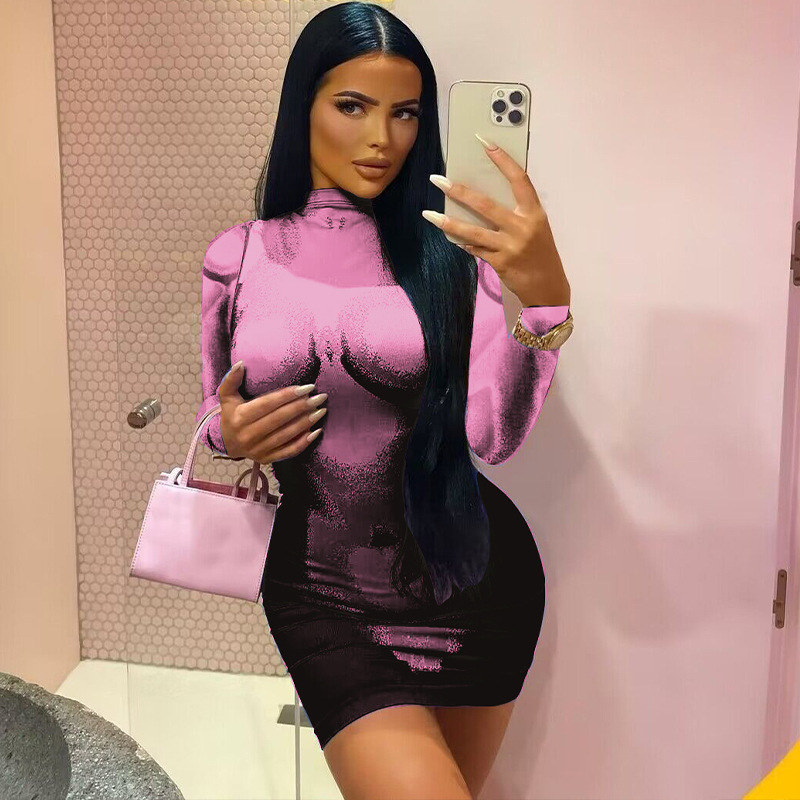 Fashion Solid Color Round Neck Long Sleeve Patchwork Spandex Polyester Knee-Length Sheath Dress