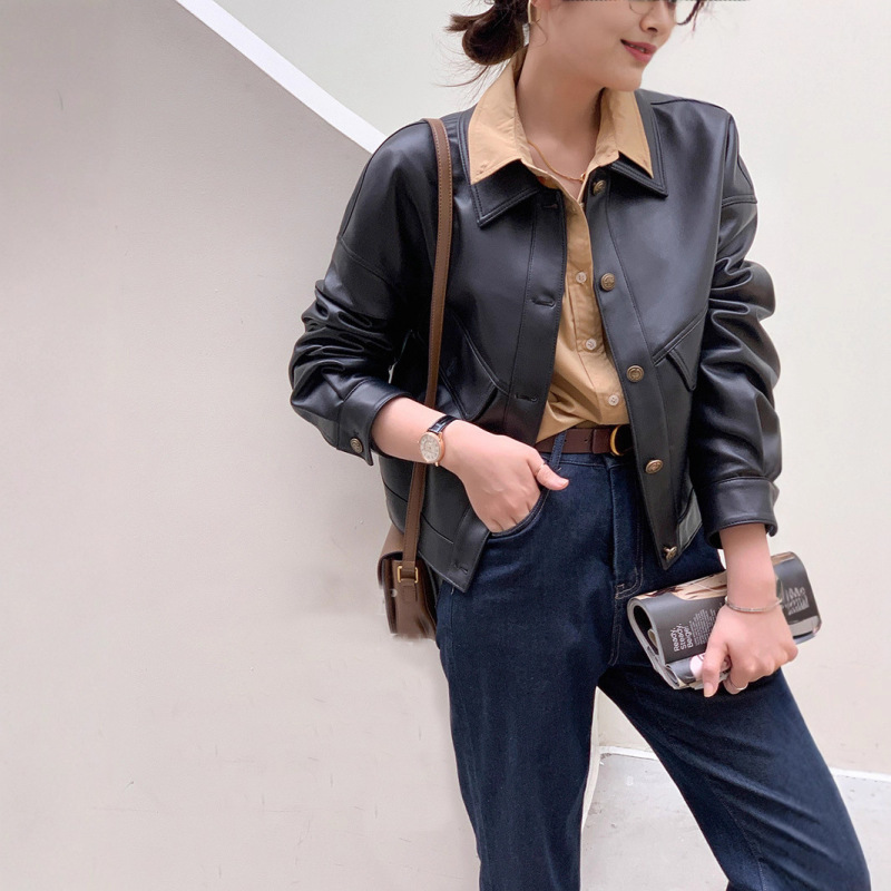 [Milan Leather Jacket] Haining First-Layer Cowhide Genuine Leather Jacket Women's Short Oil Wax Leather Jacket Autumn and Winter Motorcycle Jacket
