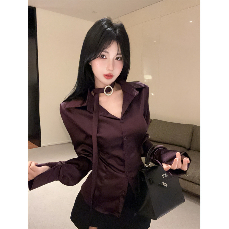 纯欲风辣妹飘带衬衫秋季新款法式气质领修身收腰衬衫女上衣|undefined