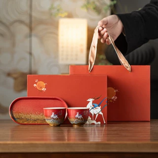 敦煌文创九色鹿对杯礼品敬茶杯轻奢复古陶瓷茶盘功夫茶杯品茗礼盒