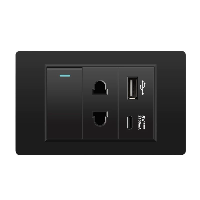 Черная настенная панельная розетка с 118 тип switch, тайваньская розетка с 20W type-C, шесть отверстий
