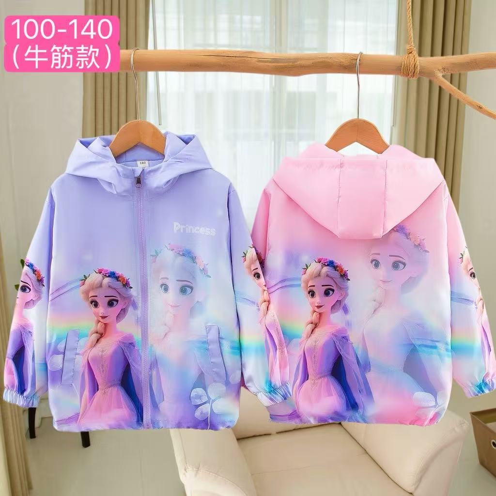 Girls' Frozen Elsa and Anna Coat Children's Spring and Autumn Hooded Zipper Jacket Cartoon Windproof Top for Girls
