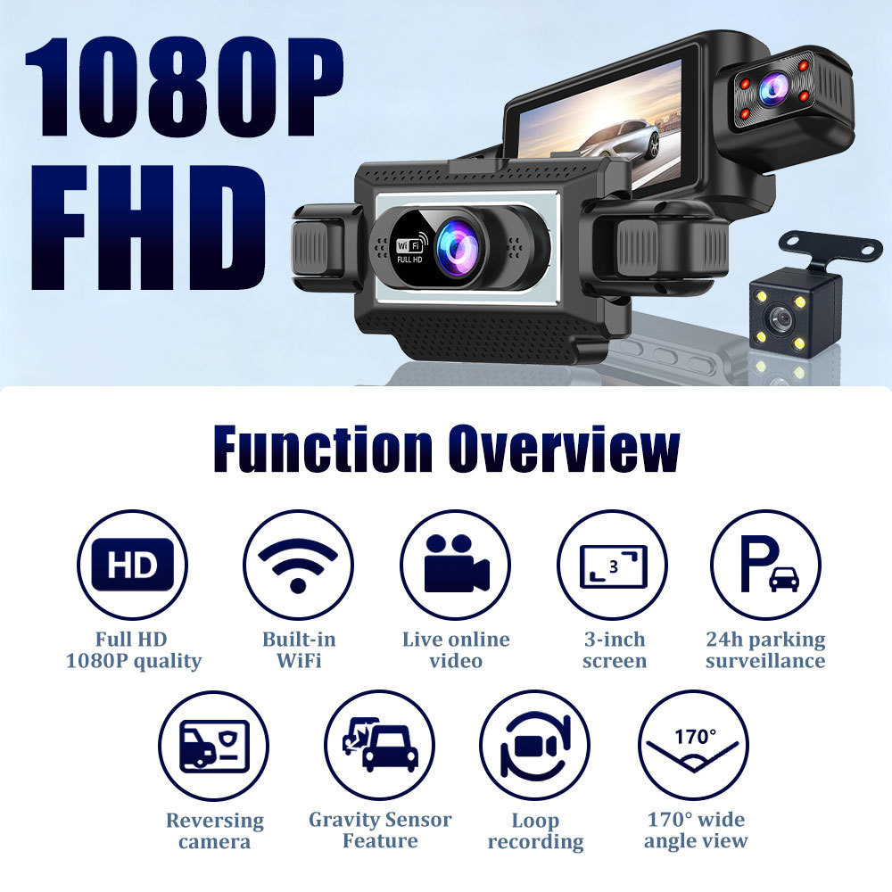 Cross-Border Hot-Selling 1080P High-Definition Dash Cam with Four Lenses, Wifi, 3inch Screens for Simultaneous Recording and Display of Reversing Images