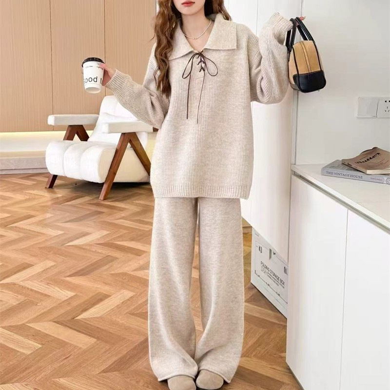 韩系高级感绑带polo领套头毛衣套装女秋冬慵懒风针织阔腿裤两件套