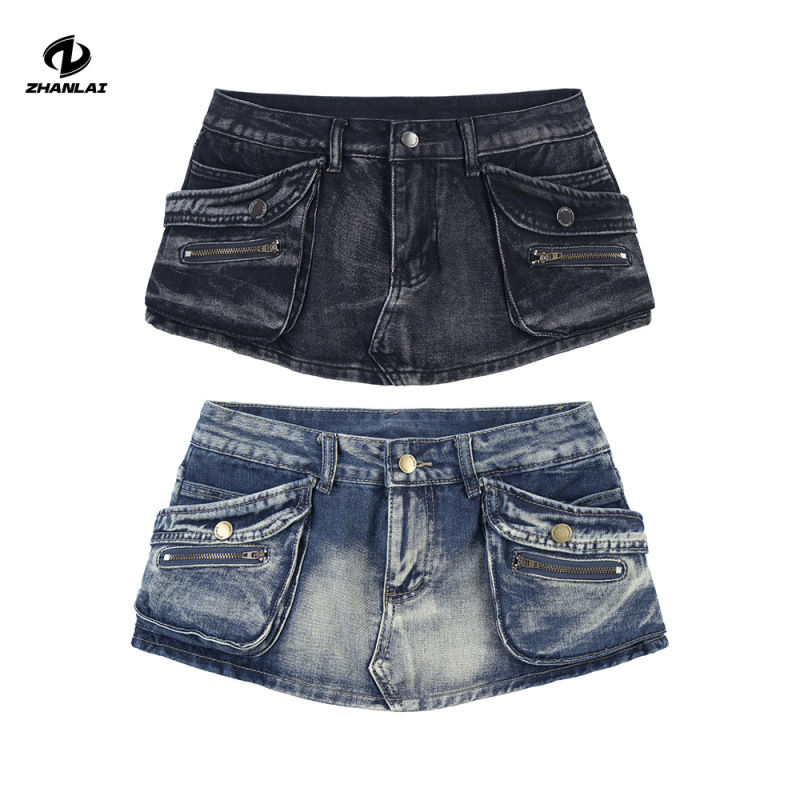 Zhanlai American-Style Spicy Girl Low-Waist Denim Ultra-Short Skirt Pants Summer Y2K Millennium Style Vintage Washed Bodycon Hot Pants Skirt Zhanlai American-Style Spicy Girl Low-Waist Denim Ultra-Short Skirt Pants Summer Y2K Millennium Style Vintage Washed Bodycon Hot Pants Skirt
