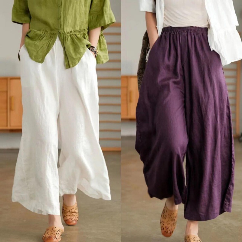 2026 Summer Cotton and Linen Cropped Wide-Leg Pants Casual Straight-Leg Pants Artistic Plus-Size Loose Breathable Slimming Casual Pants