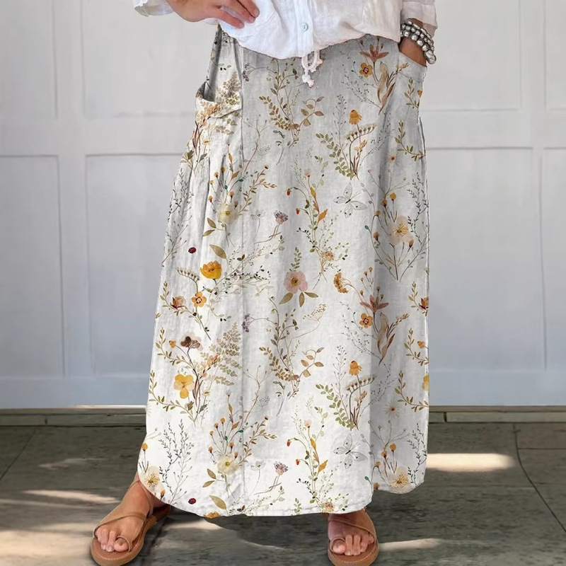 Cross-Border Amazon Independent Site New Printed Skirt with Pockets, Summer Vacation Style Floral Casual Long Skirt