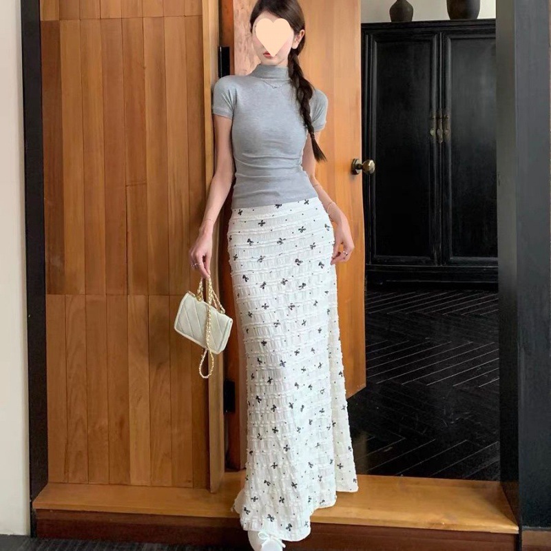 Summer 2025 Vacation Style Bow Print Lace Sheer Floral Fish Tail Semi-Body Skirt Slimming Pure Desire Long Dress