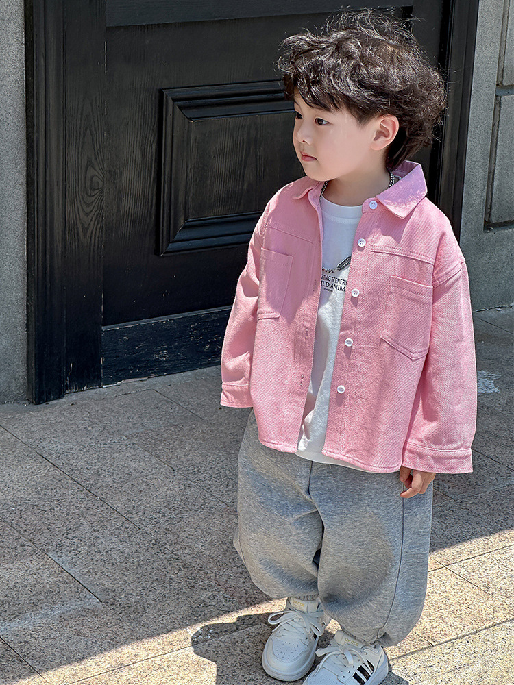 Camisas de bebé de hombre primavera y otoño 2025 nueva camisa de vaqueros de mangas largas chaqueta guapo para niños rosa de moda