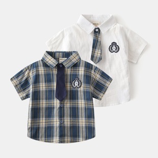 Boys' Short-Sleeved Plaid Shirt Summer College Style 2025 New Small and Medium-Sized Children's Tops Baby Pure Cotton Children's Shirt