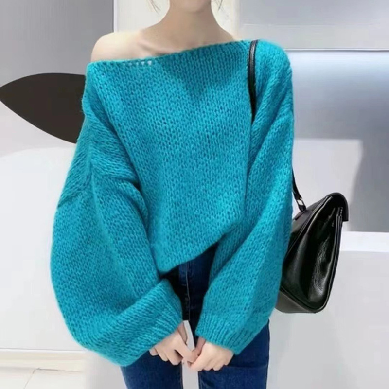 2024 Korean Style Autum Lazy Style Knitwear for Women Loose Outer Wear Pure Color Thick Wool Personalized Off-Shoulder Short Knitwear